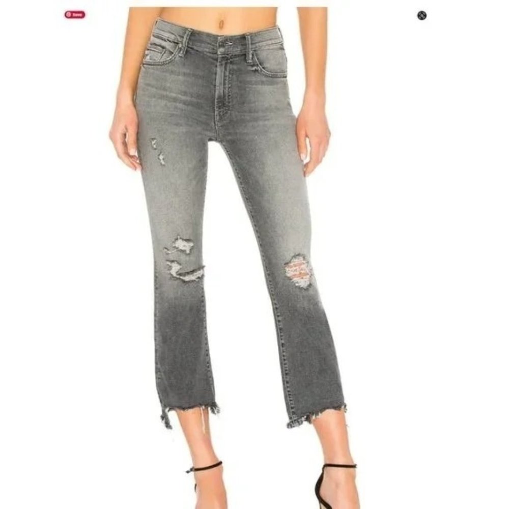 MOTHER Gray Distressed Cropped Jeans